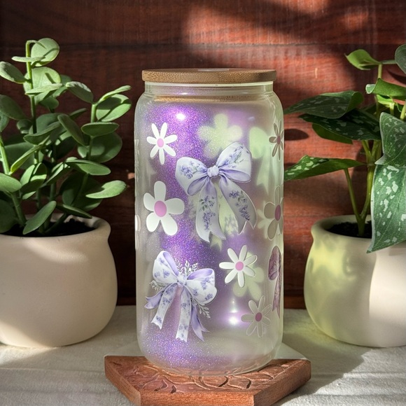 Other - Purple Bows and Daisies Coquette Iridescent Glass Can with Pink Glass Cup